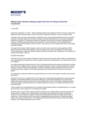 Rating Action: Moody's Ratings assigns first-time A3 rating to Sinochem Corporation