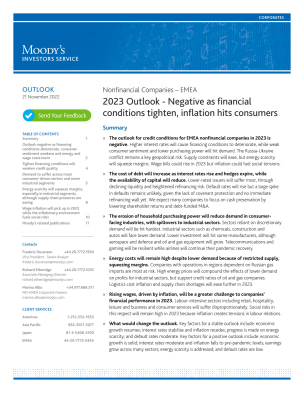 Nonfinancial Companies – EMEA 2023 Outlook - Negative as financial conditions tighten, inflation hits consumers
