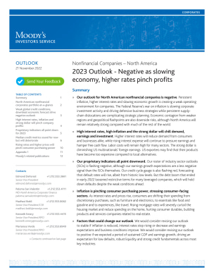Nonfinancial Companies – North America 2023 Outlook - Negative as slowing economy, higher rates pinch profits