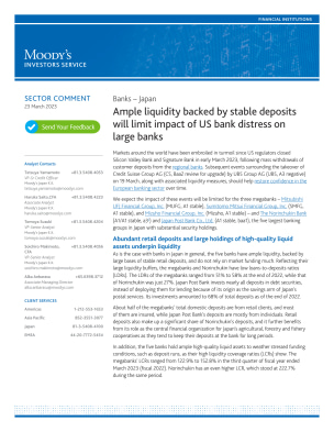 Banks Japan: Ample liquidity backed by stable deposits will limit impact of US bank distress on large banks, 23 March 2023