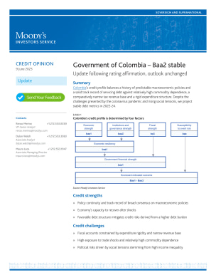 Government of Colombia – Baa2 stable Update following rating affirmation, outlook unchanged