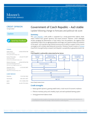 Government of Czech Republic – Aa3 stable: Update following change to forecasts and political risk score