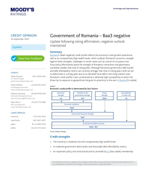 Government of Romania – Baa3 negative: Update following rating affirmation, negative outlook maintained