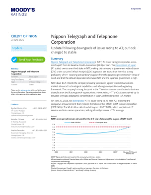 Nippon Telegraph and Telephone Corporation: Update following downgrade of issuer rating to A3; outlook changed to stable