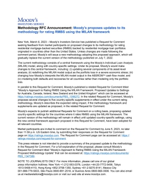 Methodology RFC Announcement: Moody's proposes updates to its methodology for rating RMBS using the MILAN framework
