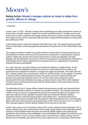 Rating Action: Moody's changes outlook on Israel to stable from positive, affirms A1 ratings