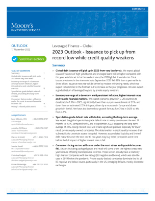 Leveraged Finance – Global 2023 Outlook - Issuance to pick up from record low while credit quality weakens