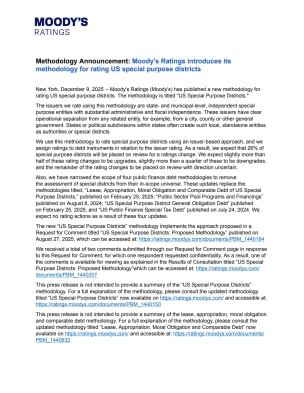 Methodology Announcement: Moody's Ratings introduces its methodology for rating US special purpose districts