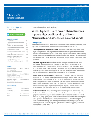 Sector Update - Safe haven characteristics support high credit quality of Swiss Pfandbriefe and structured covered bonds