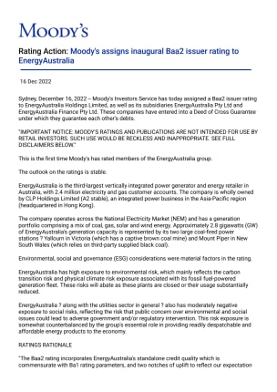 Rating Action: Moody's assigns inaugural Baa2 issuer rating to EnergyAustralia, 16 December 2022