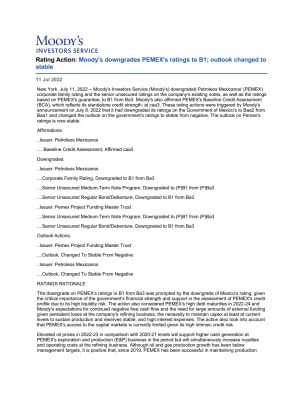 Rating Action: Moody's downgrades PEMEX's ratings to B1; outlook changed to stable