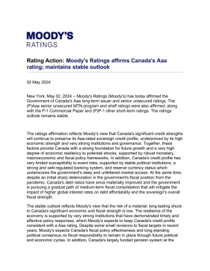 Rating Action: Moody's Ratings affirms Canada's Aaa rating; maintains ...