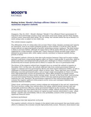 Rating Action: Moody's Ratings affirms China's A1 ratings, maintains negative outlook, 26 May 2025