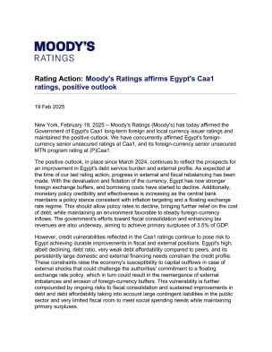 Rating Action: Moody's Ratings affirms Egypt's Caa1 ratings, positive outlook
