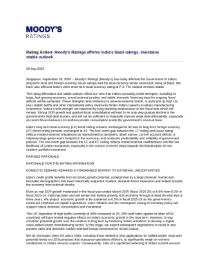Moody's Ratings affirms India's Baa3 ratings, maintains stable outlook, 29 Sept 2025