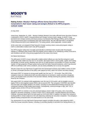Korea Securities Finance Corporation's Aa2 issuer rating and assigns (P)Aa2 to its MTN program - Press Release