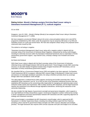 Moody's Ratings assigns first-time Baa2 issuer rating to Danantara Investment Management (P.T.); outlook negative, 3 June 2026