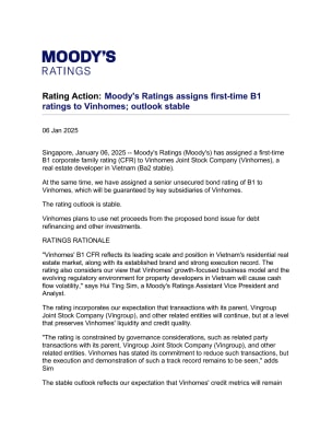 Moody's Ratings assigns first-time B1 ratings to Vinhomes; outlook stable