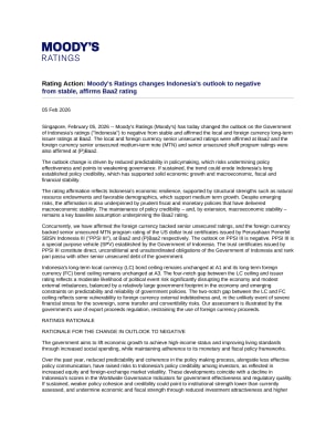 Moody's Ratings changes Indonesia's outlook to negative from stable, affirms Baa2 rating, 5 Feb 2026