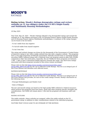 Rating Action: Moody's Ratings downgrades ratings and revises outlooks on 31 Aaa obligors under the US HFA Single-Family and Multifamily Housing Methodologies