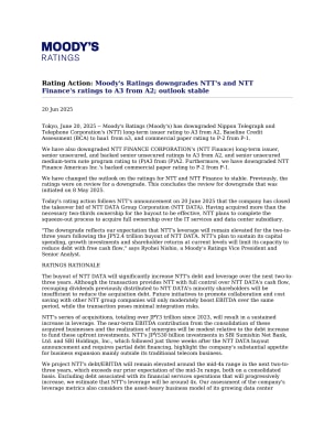 Moody's Ratings downgrades NTT's and NTT Finance's ratings to A3 from A2; outlook stable