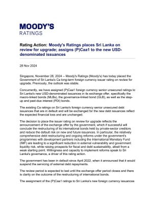 Moody's Ratings places Sri Lanka on review for upgrade; assigns (P)Caa1 to the new USD-denominated issuances
