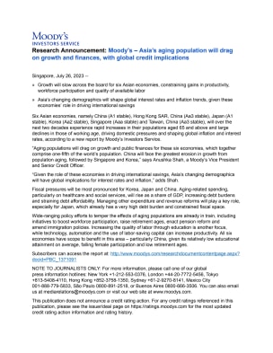 RESEARCH | Moody's – Asia’s aging population will drag on growth and finances, with global credit implications