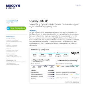 QualityTech, LP | Second Party Opinion – Green Finance Framework Assigned SQS2 Sustainability Quality Score