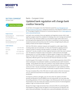 Banks – European Union: Updated bank regulation will change bank creditor hierarchy