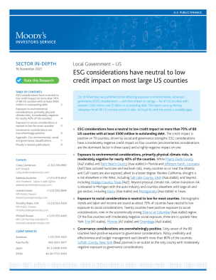 ESG considerations have neutral to low credit impact on most large US counties