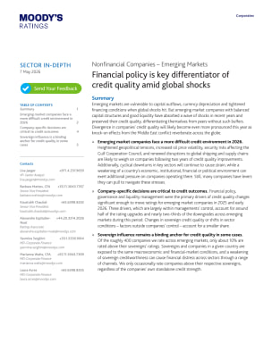Nonfinancial Companies - Emerging Markets - Financial policy is key differentiator of credit quality amid global shocks