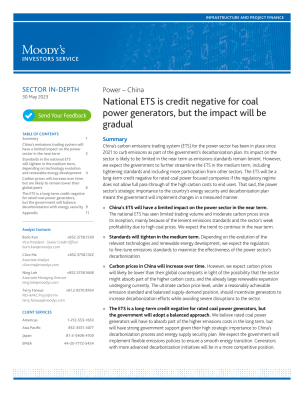 Sector In-Depth; Power – China - National ETS is credit negative for coal power generators, but the impact will be gradual, 30 May 2023