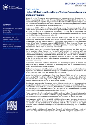 VIS Rating - Sector Comment - Higher US tariffs will challenge Vietnam's manufacturers and policymakers