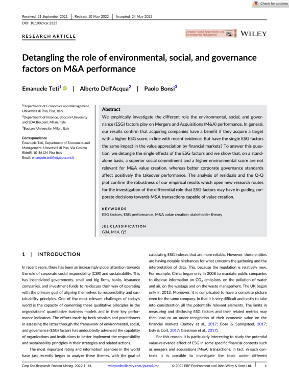 Detangling the role of environmental, social, and governance factors on M&A performance