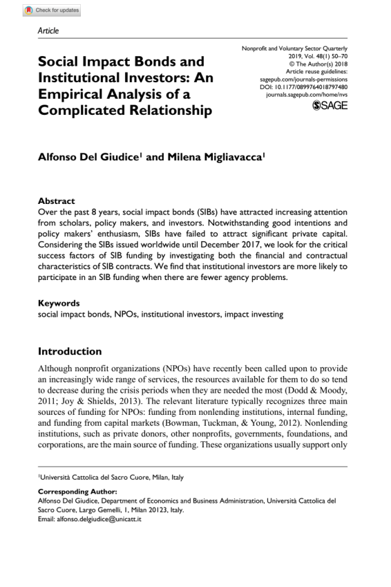 Social Impact Bonds and Institutional Investors: An Empirical Analysis of a Complicated Relationship