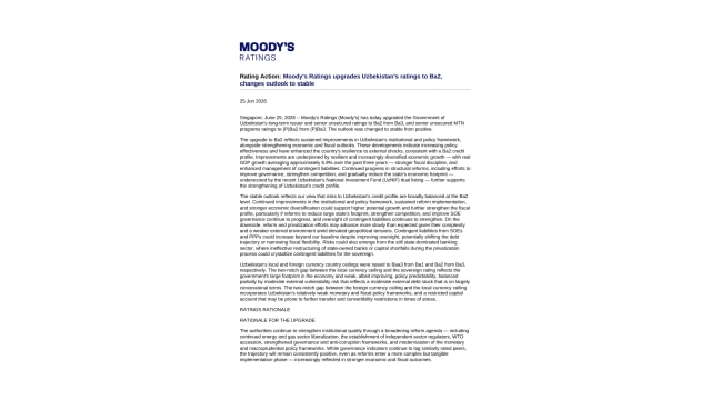 Rating Action: Moody's Ratings upgrades Uzbekistan's ratings to Ba2, changes outlook to stable