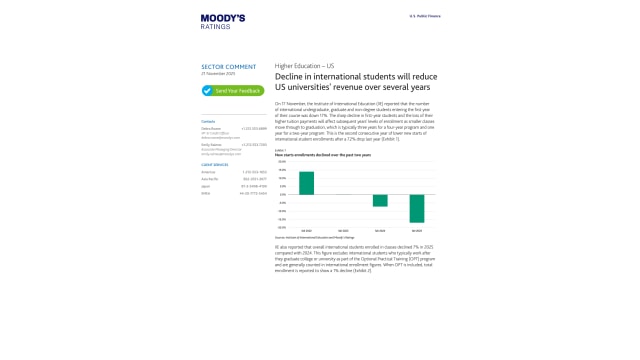 Higher Education – US Decline in international students will reduce US universities' revenue over several years