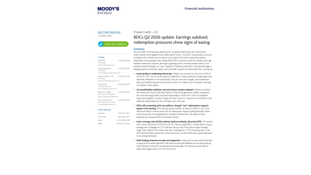 BDCs Q2 2026 update: Earnings subdued; redemption pressures show signs of easing