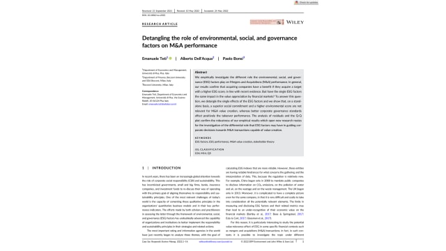 Detangling the role of environmental, social, and governance factors on M&A performance