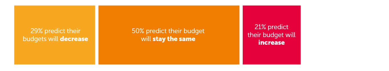 21% predict their budget will increase, 50% that their budget will stay the same, and 29% that their budget will decrease.