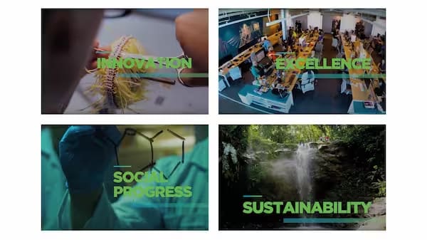 A grid of four photos showing still from Essential Costa Rica's nation branding campaign. The top left shows the word 'Innovation' overlaid someone making a new tool. On the top right, the word 'Excellence' is on top of a room with two rows of desks filled with computers. On the bottom left are the words 'social progress' with the hand of a scientist drawing atomic structures on to a glass wall. And on the bottom right is the word 'sustainability' on top of a photo of a Costa Rican waterfall.