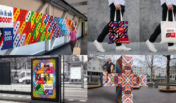 A grid of four photos showing Zuidoost's brand identity in different locations. The top left is a banner alongside a hall. The top right is on a tote bag carried by a person - you can only see their legs and waist. On the bottom left the identity is showing on a billboard in front of an empty road. And on the bottom right, there is a 3D construction of a cross that has been build in a public square which has been emblazoned with Zuidoost's new place brand identity. A man is sat on the left hand side of the cross.