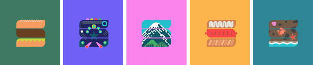 Five examples of how the Seattle Southside Regional Tourism's 'S' logo has been used to showcase the micro-adventures available in the region, including a burger, a mountain, a hot dog, and a beach.