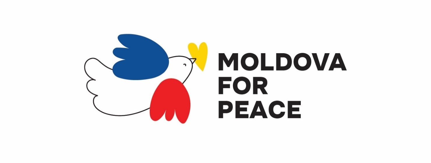 Image displays a dove carrying a yellow heart which is the logo for the Moldova for Peace campaign