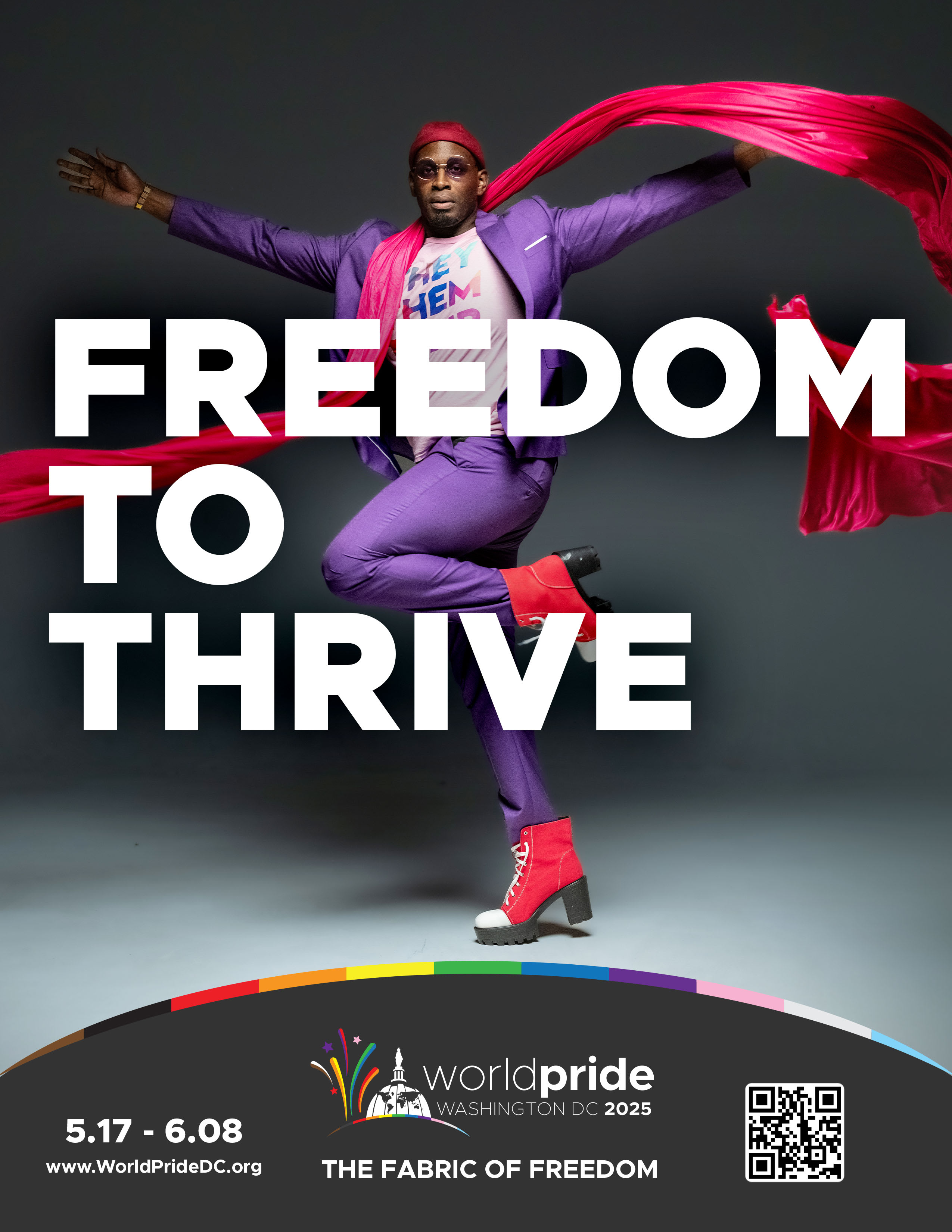 A poster from WorldPride. The text 'Freedom to Thrive' is overlaid on a black man wearing a purple suit with a pink scarf billowing behind him.